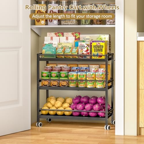 3-Tier Expandable Rolling Pantry Organizers and Storage Cart with Wheels, Adjustable Pantry Floor Organizer, Snack Cart for Pantry, Kitchen Storage Cart with 4 Hooks for Snack, Food, Vegetables, Black - Image 5