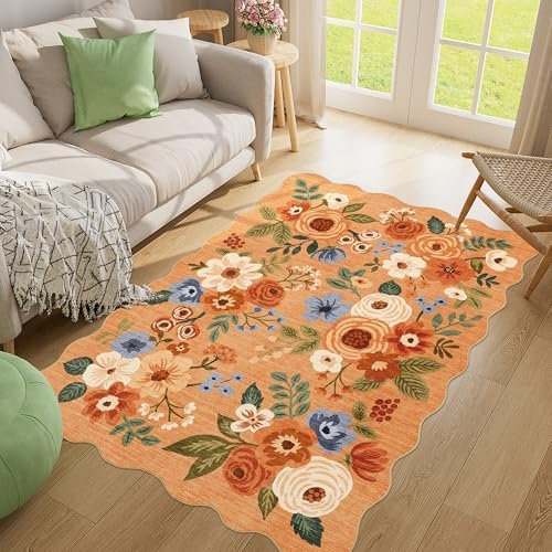 DUKINO 4x6 Area Rug, Non Slip Floral Washable Rug for Living Room, Orange - Image 5