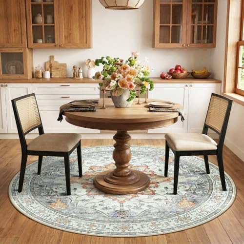 RELEANY Washable Area Rug, Round 6ft, Beige/Carbon Grey/Orange - Image 2