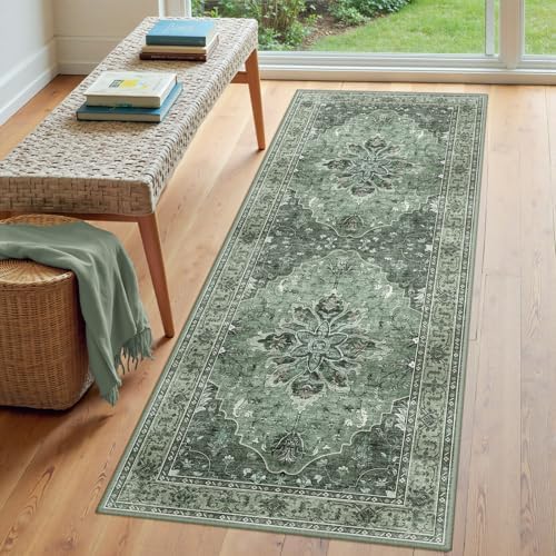 RELEANY Washable Area Rug, Runner 3'x7', Green/Dark Green/Gray - Image 3