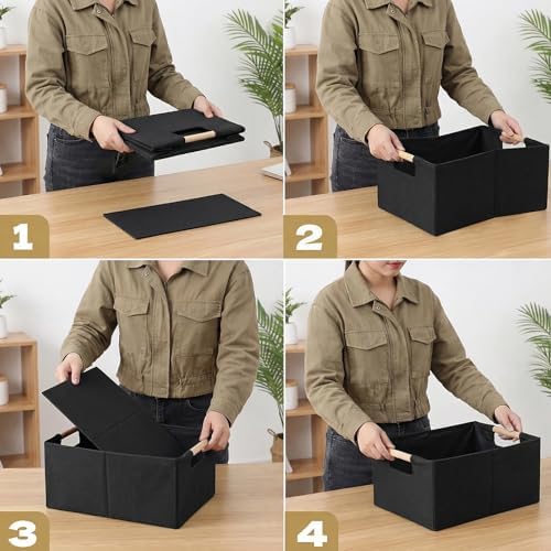 Foldable Fabric Storage Cubes, Cloth Storage Baskets with Wooden Handles, Shelf Closet Organizer Bins, Rectangular Linen Storage Boxes for Decor, 16.5 x 12.2 x 6.7 Inches - Image 5