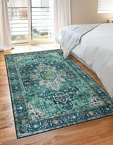 Moynesa Ultra-Thin Washable Vintage Area Rug - 3x5 Boho Entry Throw Rug Non-Slip Oriental Medallion Bedroom Mat Non-Shedding Indoor Floor Carpet for Living Laundry Room, Teal/Mutil - Image 2