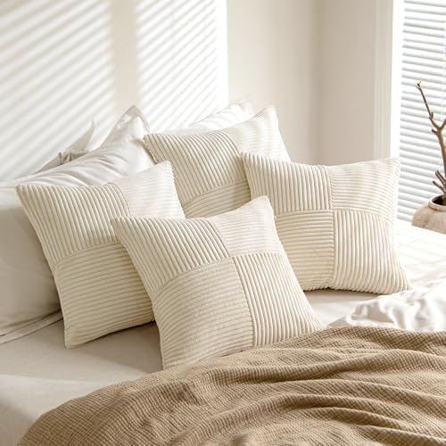 MIULEE Beige Throw Pillow Covers 20x20 Inch Set of 4 Boho Patchwork Cushion Cases Modern Farmhouse Pillow Cases with Invisible Zipper Corduroy Striped Home Decor for Couch Sofa Bedroom - Image 4