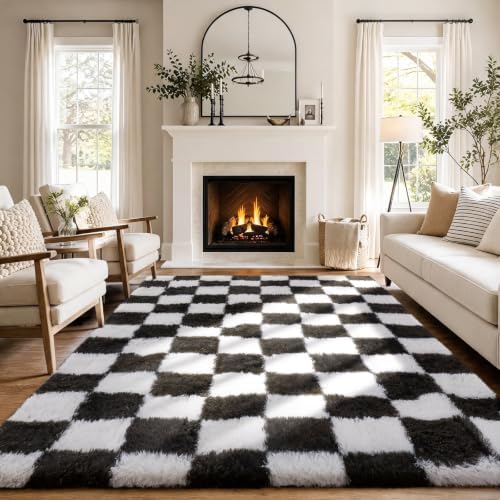 Ophanie Checkered Black & White Rug for Living Room Bedroom,Fluffy Soft Cute Fuzzy Area Rugs,Shag Plush Shaggy Bedside Floor 4x6 Furry Carpet Kids Baby Teen Dorm Decor with Over 99 pcs Pile fibers - Image 5