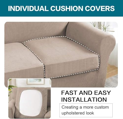 Turquoize 4 Piece Sofa Covers for 3 Cushion Couch Sofa Slipcover Soft Couch Cover for Dogs Washable Furniture Cover with 3 Individual Large Cushion Covers Feature Fabric (Large Sofa, Sand) - Image 5