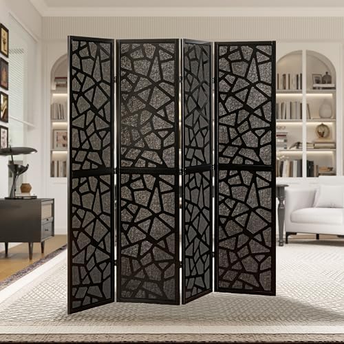 Roundhill Furniture Aurra 4-Panel Wood Room Divider, Folding Portable Partition Screen, Black Screen with Black Frame - Image 3