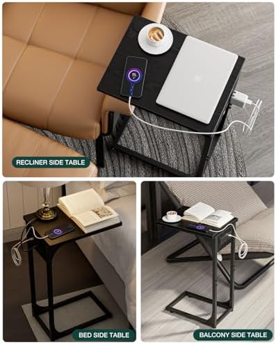 C-Shaped Side Table for Couch - Small Coffee Stand Sofa Tray Desk with Metal Frame Waterproof Scratch Resistant Wood Top and Built-in Charging Station, Black - Image 6