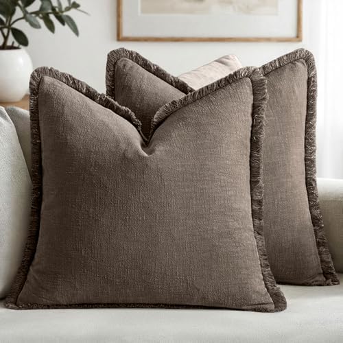 MIULEE Linen Fringe Decorative Fall Euro Throw Pillow Covers Coffee 26x26 by MIULEE