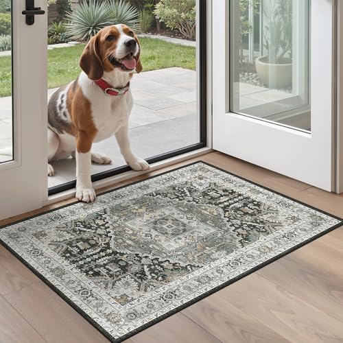 Madane Washable Area Rug 2x3 Small Entryway Rugs, Grey Green/Black Olive - Image 2
