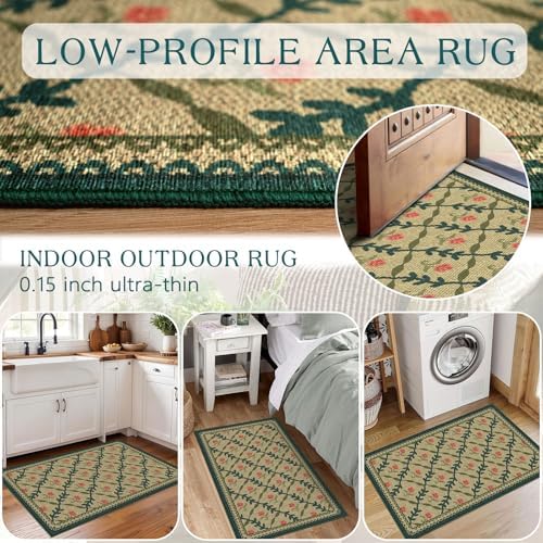 Front Door Mat Outside Entrance, 2x3 Green Brown Floral Trellis Rug - Image 6
