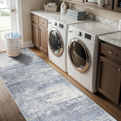 Hallway 2x10 Washable Runner Rug: Abstract Kitchen Stove Rugs Low-Pile Stain Resistant Entryway Area Rug Cozy Bedroom Soft Floor Mat Non-Slip Farmhouse Carpet for Bathroom Living Room(2x10,Blue/ivory) - Image 5