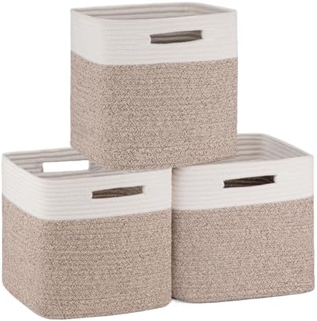 OIAHOMY Storage Cubes 11 Inch Storage Bin 3-Pack Square Basket White&Brown by MasterofSpaceOptimization