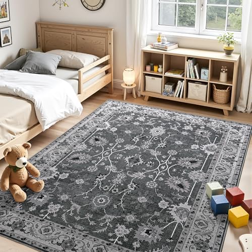 Hanples 5x7 Area Rugs for Living Room, Washable Rug Vintage Floral, Black - Image 3