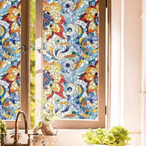 Light Blue Red Orange Floral Stained Glass Window Films Decorative Double-Side Privacy Film Self-Adhesive Static Clings for Living Room Bathroom Glass Windows Decor by Unknown