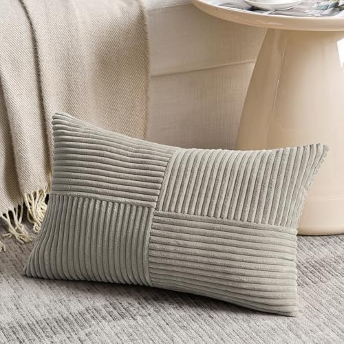 Fancy Homi 2 Packs Neutral Grey Lumbar Decorative Throw Pillow Covers 14x22 Inch for Living Room Couch Bed Sofa, Farmhouse Home Decor, Soft Striped Corduroy Rectangle Accent Cushion Case 35x55 cm - Image 2