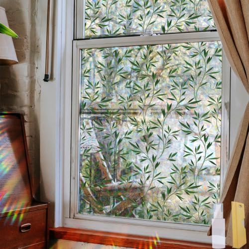 Rainbow Window Privacy Film, Green Vines Static Glass Clings 17.5" x 78.7" by WBQMUNY