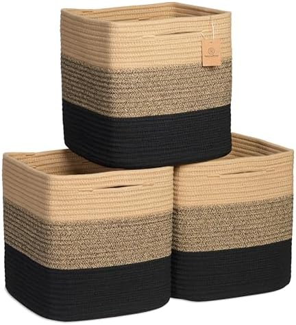 NaturalCozy Storage Cubes 11 Inch Cotton Rope Woven Baskets for Organizing, 3-Pack | Cube Storage Bin | Square Storage Baskets for Shelves Organizer, Classroom, Kids Toy Bins, Closet, Baby Nursery by NaturalCozy