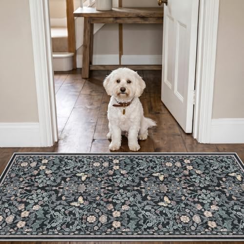 Puino 2x4 Washable Area Rug - Non Slip Vintage Throw Rugs Floral Dark Blue by Puino