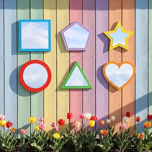 Xuhal 6 Pcs Acrylic Sensory Mirrors Set Colorful Geometric Mirror Square Triangle Circle Star Heart Pentagon Shapes Learning Tool Outdoor Sign for Sensory Rooms Garden Wall Decorations - Image 4