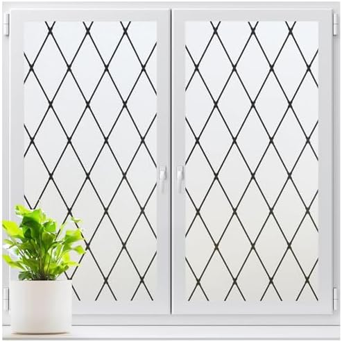 LUTE Frosted Glass Window Privacy Film with Black Lattice, 17.5" x 78.7" by LUTE