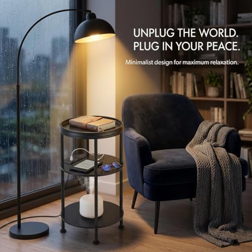 Small Round Side Table with Charging Station, Black - Image 4