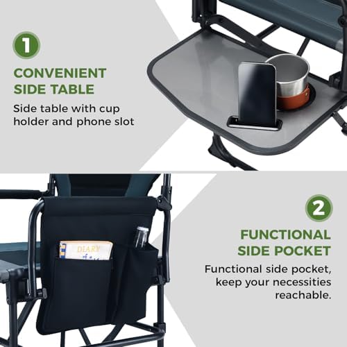 EVER ADVANCED Camping Directors' Chair with Side Table, Portable Folding with Compact Size, Heavy Duty Lawn Chair with Pocket for Camping, Sports and Fishing, 400lbs, Black Grey - Image 5