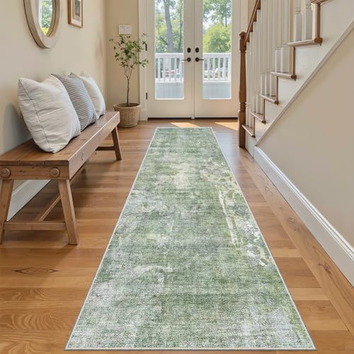 Soalmost Runner Rug 2'6"x8' Kitchen Hallway Runners Abstract Green/Ivory - Image 3