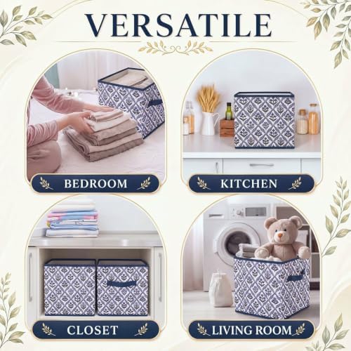 Bokon 6 Pcs 11'' Green Blue Block Print Storage Bins Cube with Handles - Image 5