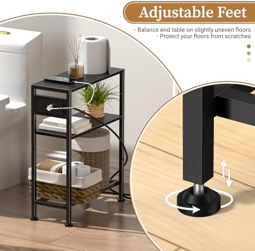 Small Narrow Side Table with Charging Station, Skinny End Table for Small Spaces, Slim Nightstand with Outlets, Sofa Bedside Table in Living Room, Bedroom, Study, Kitchen and Balcony(Black) - Image 5