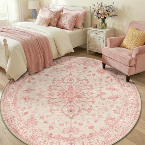 RELEANY Washable Area Rug, Round 6ft, Pink/Light Vintage Pink - Image 3
