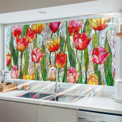 HOMETITUTE Tulip Flower Stained Glass Window Cling 39.3x17.7 Inch PVC by HOMETITUTE