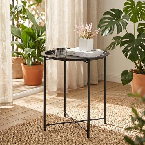 VECELO Side/End Table, Folding Round Metal Anti-Rust and Waterproof Outdoor or Indoor Tray for Living Room Bedroom Balcony and Office, 1 PCS, Black - Image 2