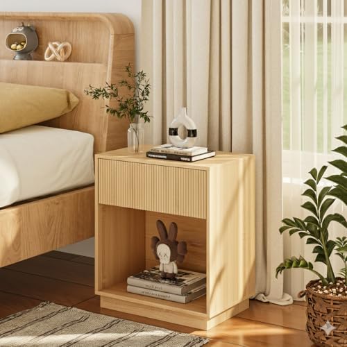 Fluted Nightstands Set of 2, Modern Bedside Table with Storage Drawer and Open Wood Shelf, Wood End Table Mid Century Night Stands for Bedroom Living Room Sofa Couch Office Oak - Image 4