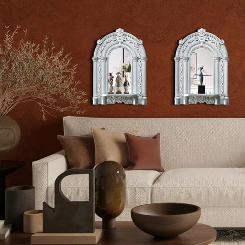 2 Set Vintage Candle Wall Sconce for Home Decor Living Room Bedroom Office Wood Antique Mirrored Victorian Mounted Candlestick Wall Holder Relief Hanging Decor -Silver 11.8in - Image 2
