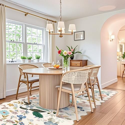 Hallway 4x10 Washable Area Rugs: Indoor Floral Scalloped Rug for Kitchen Entryway Farmhouse Nursery Bathroom Soft Carpet with Non Slip Backing Water Resistant Thin Laudry Floor Mat (4x10,Cream) - Image 4