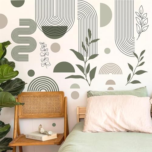 Boho Arch Wall Stickers Black Line Wall Decals Green Leaf Sticker Large Geometric Decal Aesthetics Room Mural Decor Modern Abstract Sticker for Living Room Bedroom Decor by Kazova
