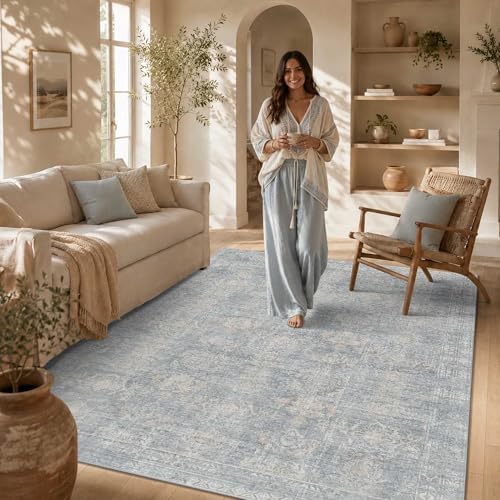 Rugxara 5x7 Area Rugs Washable Rug for Living Room Bedroom, Blue/Beige - Image 3