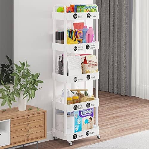Laiensia 5-Tier Rolling Cart with Wheels,Multifunction Utility Storage Carts, Kitchen Storage Organizer,Mobile Shelving Unit for Bathroom,Laundry,with Classified Stickers,White - Image 5