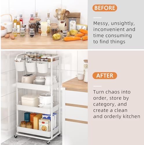 JIUYOTREE 4-Tier Plastic Rolling Storage Cart Utility Cart White - Image 5