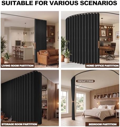 JILRON Accordion-Style Room Divider with Ceiling Track - Foldable Partition Curtain, Easy Installation(Black 180" W x 96" L-Pack of 1) - Image 2