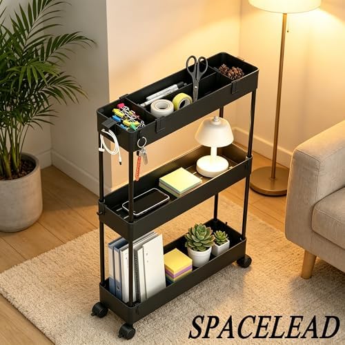SPACELEAD Slim Storage Cart 3 Tier,Bathroom Organizer Rolling Utility,Mobile Shelving Unit Slide Out for Office, Kitchen, Laundry Room & Narrow Places,Black - Image 4