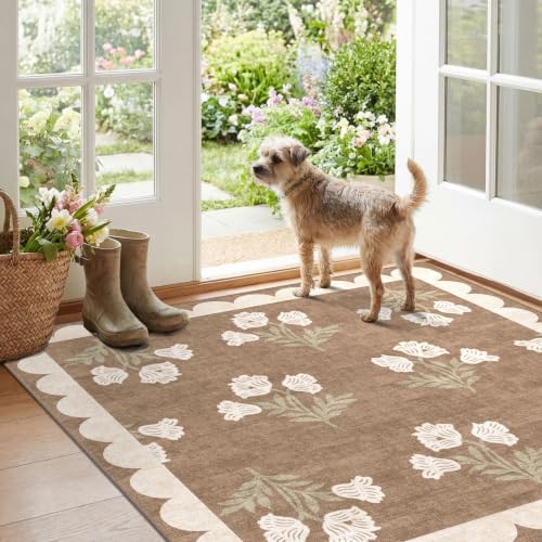 3x3 Square Entryway Rug - Non-Slip Washable Front Door Mat Indoor Outside Entrance Small Porch Rug Tan Neutral Floral Scalloped Throw Rugs for Entryway Kitchen Bedroom Office Front Porch Decor - Image 6
