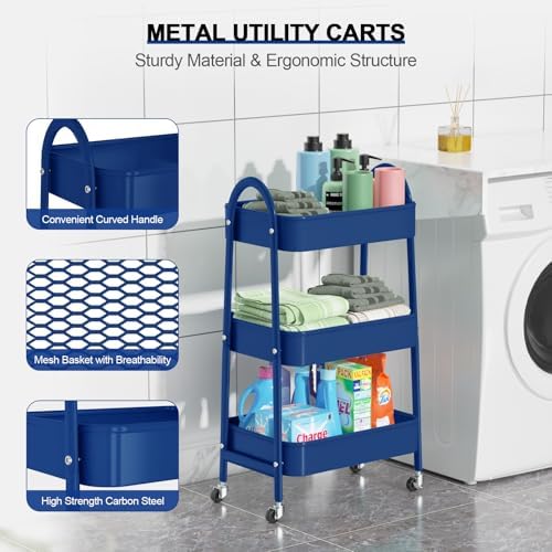 EAGMAK 3 Tier Utility Rolling Cart, Metal Storage Cart with Handle and Lockable Wheels, Multifunctional Storage Organizer Trolley with Mesh Baskets for Kitchen, Living Room, Office, Garage (Indigo) - Image 2