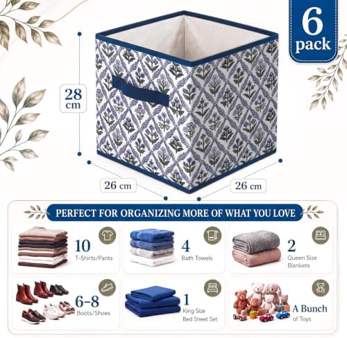 Bokon 6 Pcs 11'' Green Blue Block Print Storage Bins Cube with Handles - Image 2