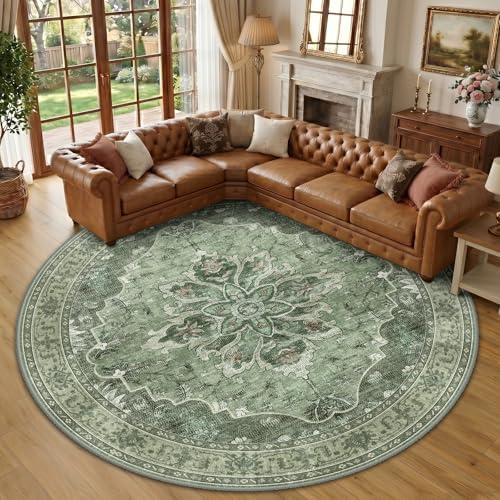 RELEANY Washable Area Rug, Round 10ft, Green/Dark Green/Gray by RELEANY