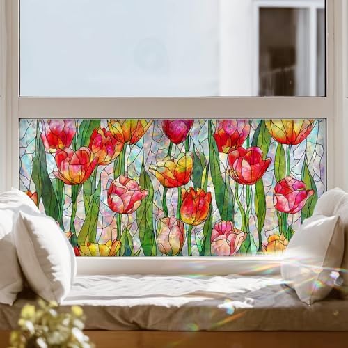 HOMETITUTE Tulip Flower Stained Glass Window Cling 39.3x17.7 Inch PVC - Image 6