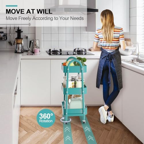 EAGMAK 3 Tier Utility Rolling Cart, Metal Storage Cart with Handle and Lockable Wheels, Multifunctional Storage Organizer Trolley with Mesh Baskets for Kitchen, Living Room, Office, Garage (Turquoise) - Image 3