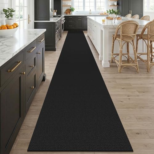 KOZYFLY Black 2.5'x20' Runners Rugs for Hallway, Extra Long Washable Runner Rug, Woven Non Slip Kitchen Runner, Cotton Entryway Rug, Floor Carpet for Entry, Aisle, Hall, Black/Dark Grey - Image 2