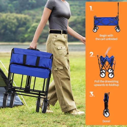 Collapsible Folding Wagon Garden Cart Beach Wagon Grocery Wagon All-Terrain Wheels Garden Grocery Wagon for Shopping Park Picnic, Beach Trip, Outdoor Activities, Camping (Blue) - Image 4