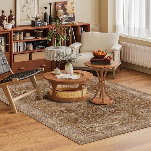 Washable Area Rug 9' x 12' Vintage Traditional Persian Mat - Foldable Distressed Non-Slip Machine Washable Carpet for Living Room Bedroom Kitchen Home Decor - Bronze and Ivory - Image 2